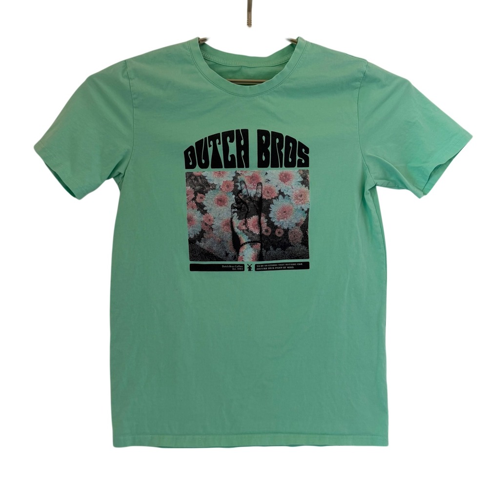 Dutch Bros Coffee Mint Green Floral Peace Sign Graphic T-Shirt Unisex Medium‎